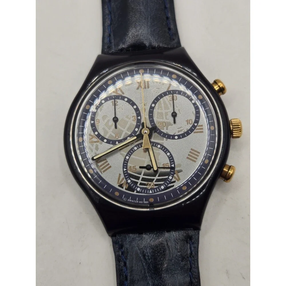 Swatch Timeless Zone 1991 Vintage Chronograph Quartz Leather Strap Watch. Box.
